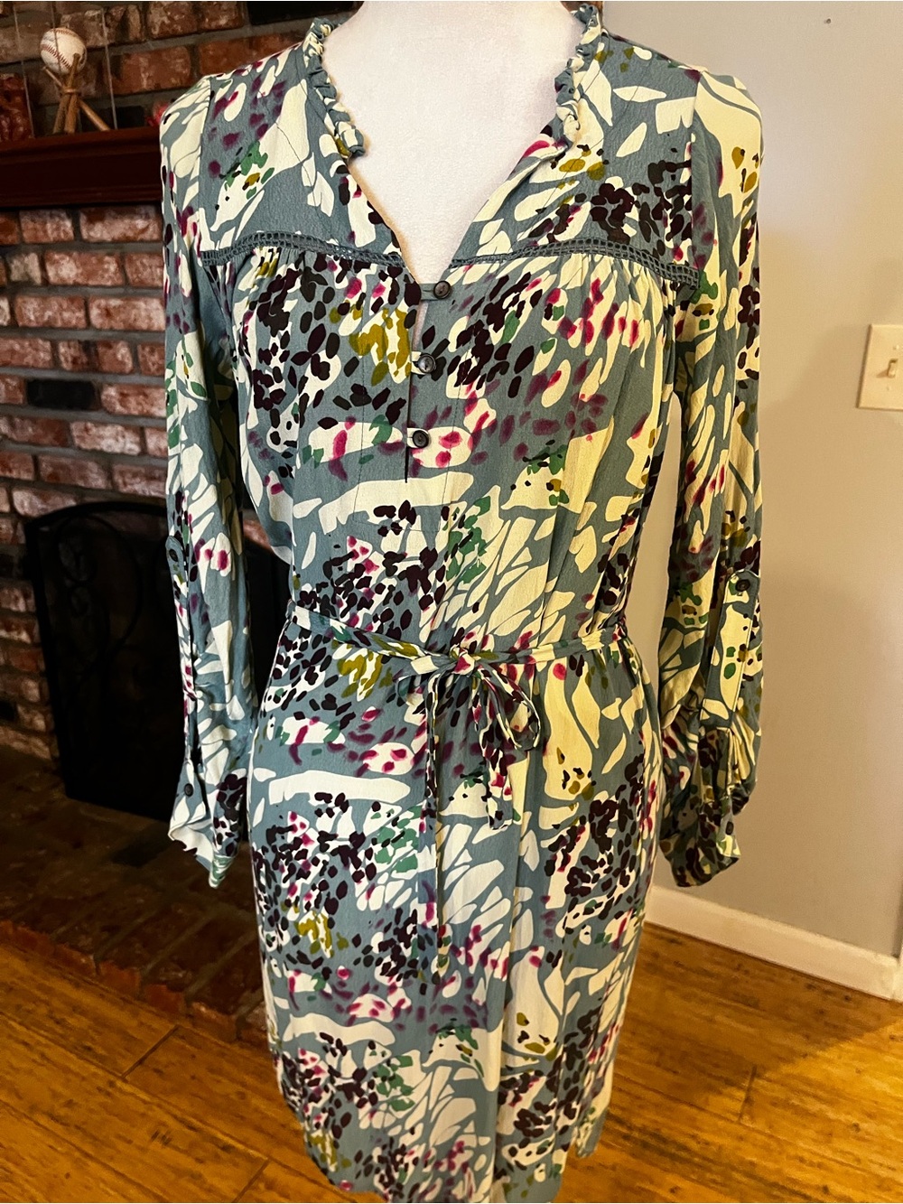 dolan Sage Green Floral Tie-Waist Long Sleeve Midi Dress